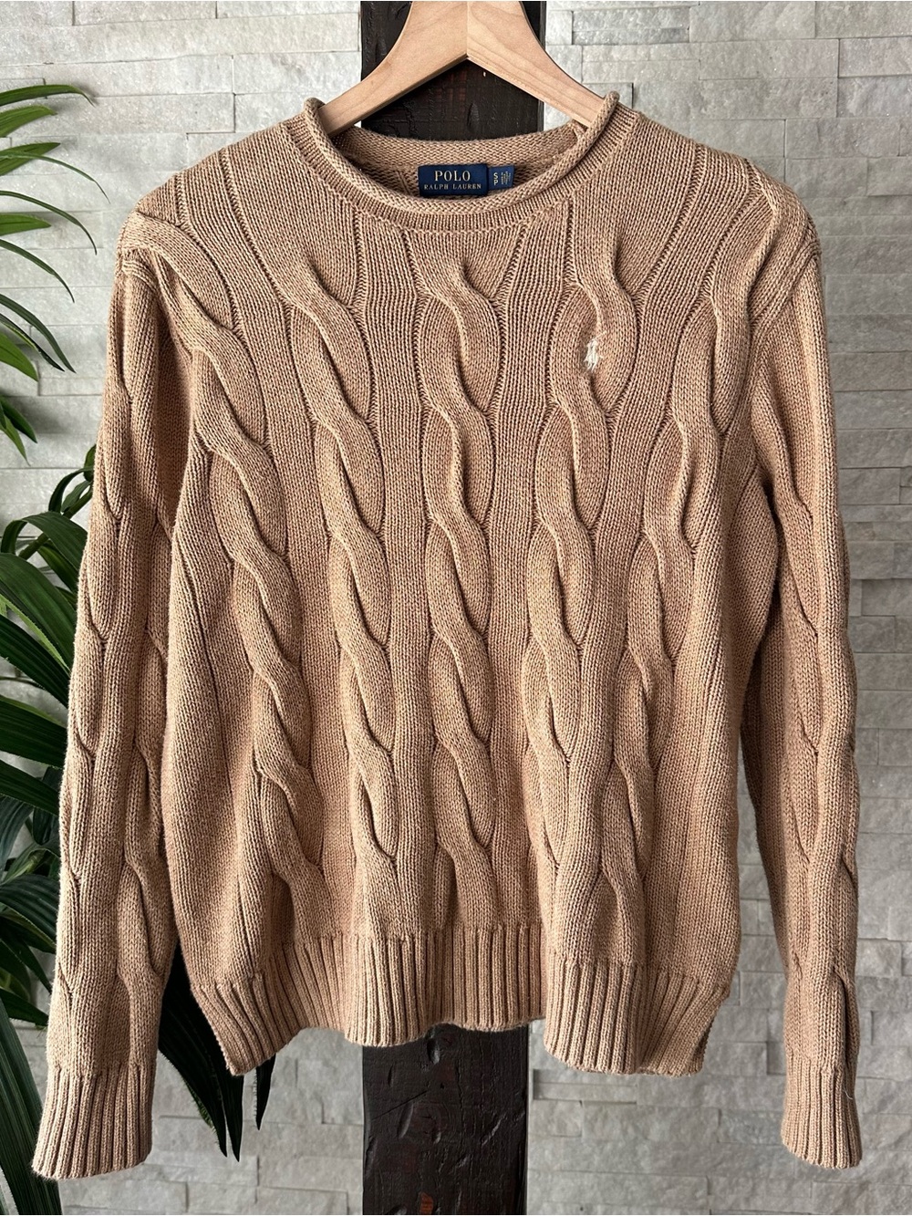 Ralph Lauren Boxy Tan Camel Melange Cable-Knit Crewneck Sweater Size Small